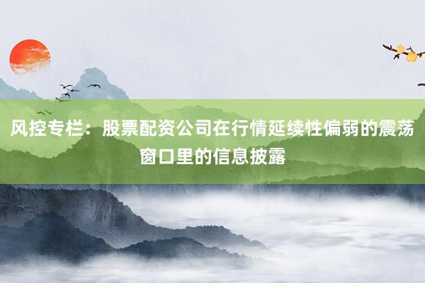风控专栏：股票配资公司在行情延续性偏弱的震荡窗口里的信息披露